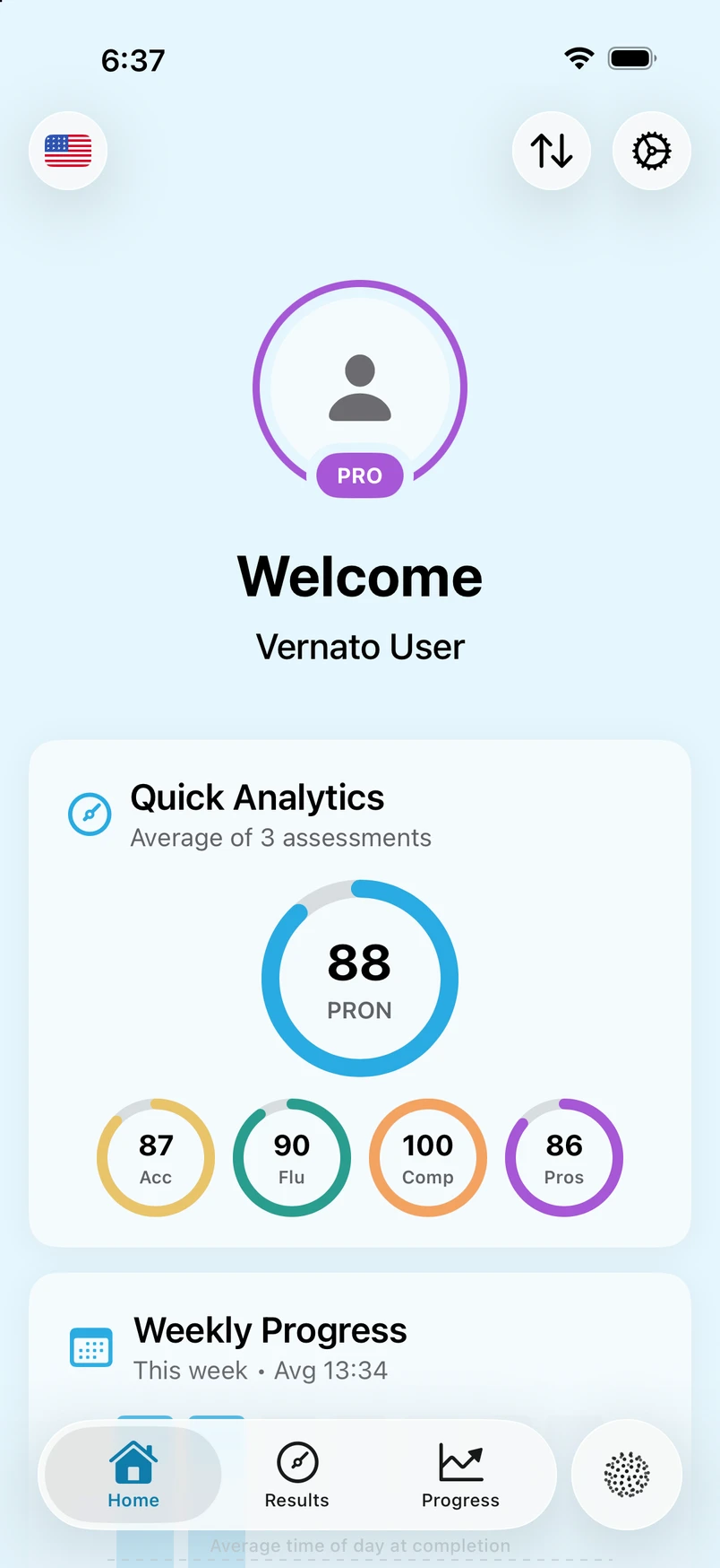 Vernato app: Home dashboard example