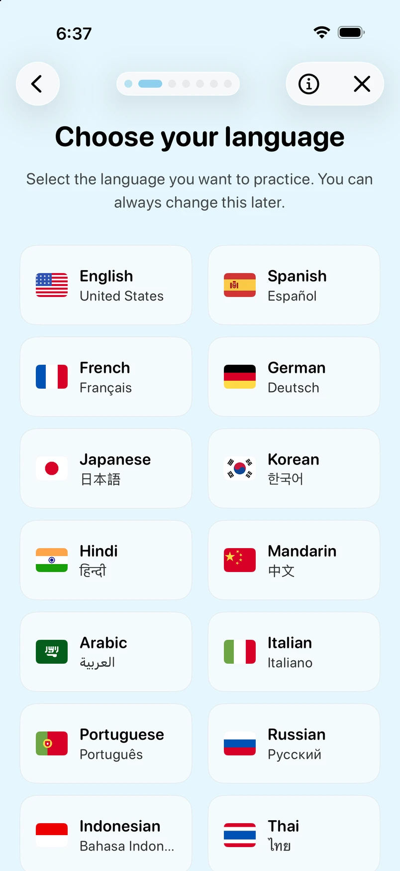 Vernato app: Language selection