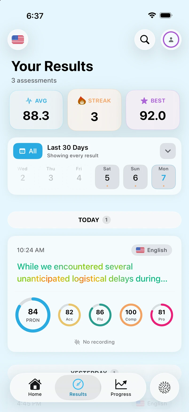 Vernato app: Saved assessment results example
